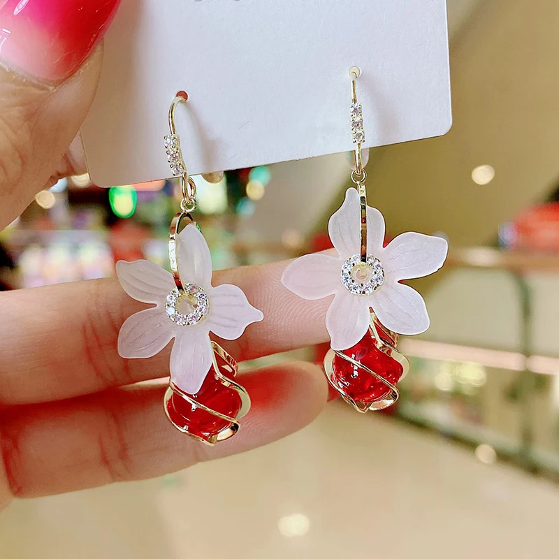 White Flower Drop Earrings Red Imitation Pearl Long Earrings Opal Earring Party Wedding Jewelry Gifts For Women