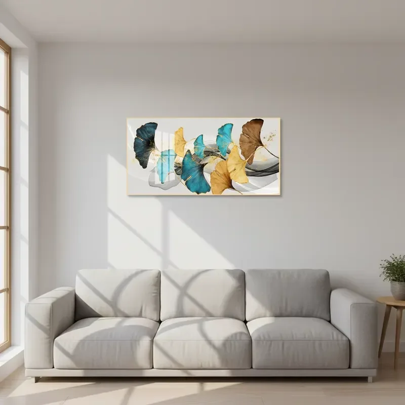Decoração de Parede para Casa: Pintura Digital de Folhas de Ginkgo Amarelas e Azuis, Pintura Moderna em Porcelana Cristal com Folhas Douradas