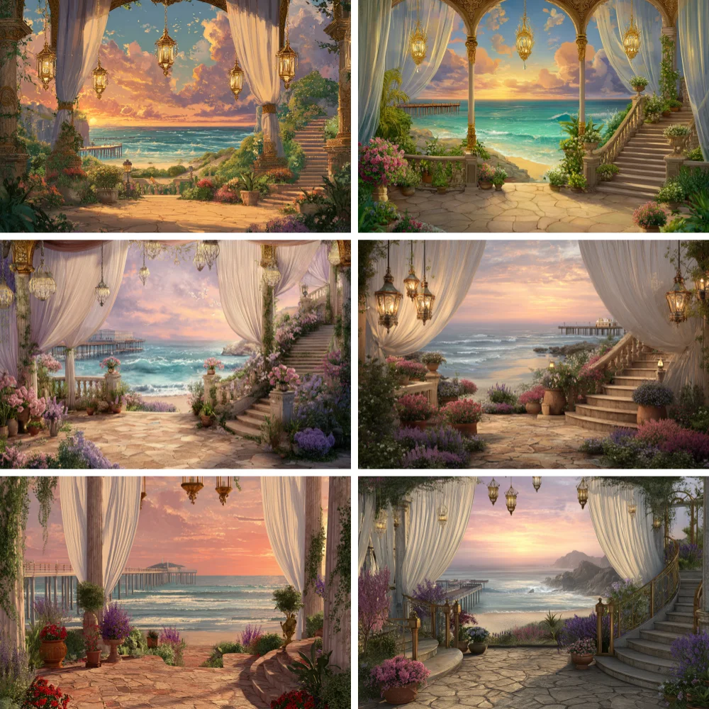 

Summer Seaside Sunset Theme Banner Shooting Background, Tropical Palm Tree Beach Bar Holiday Party Photography Studio Background