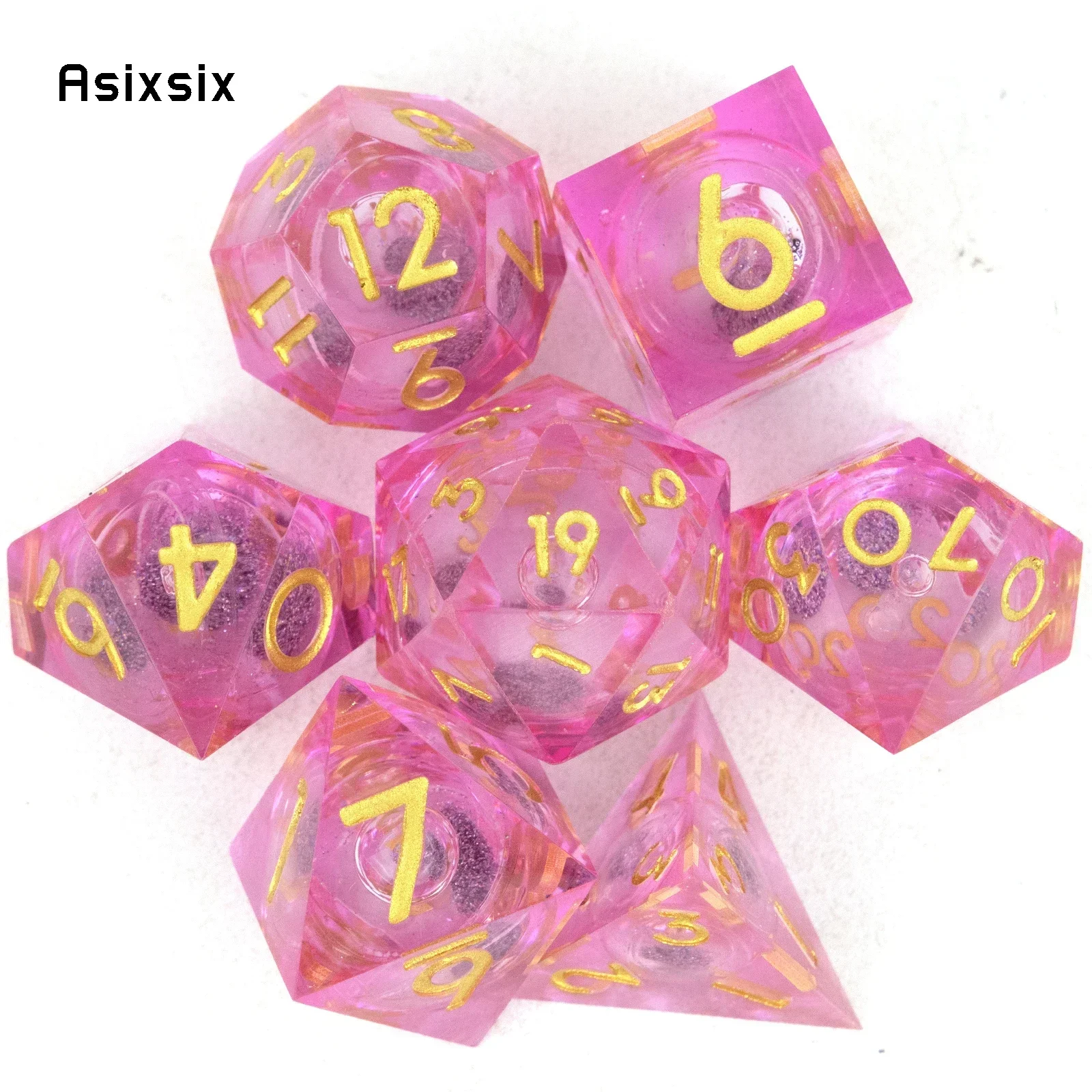 

7 Pcs Pink Golden Number Flowing Sand Sharp Edge Dice Polyhedral Dice Suitable for RPG Board Party Dice Prop