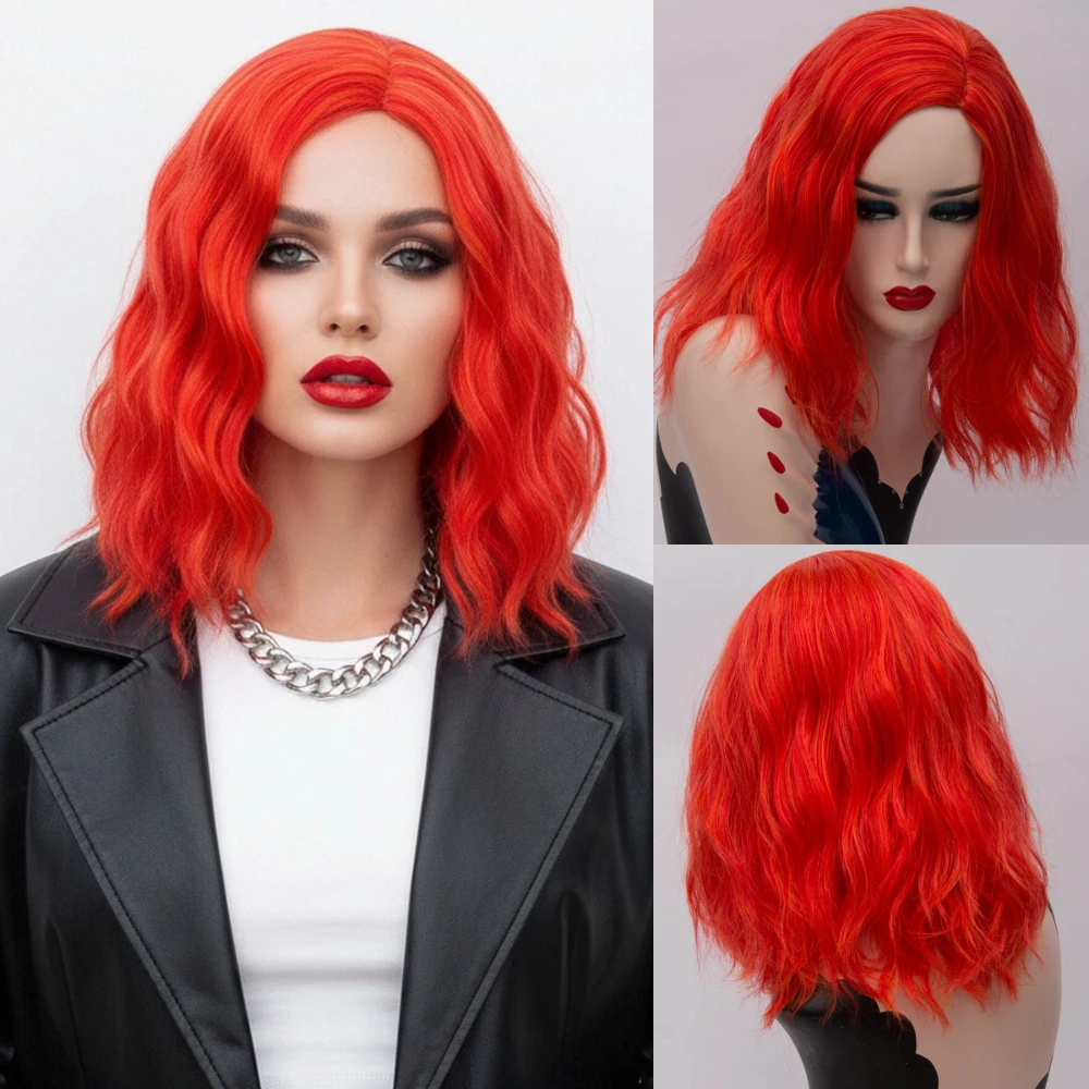 

Симпатичный женский короткий волнистый синтетический парик оранжево-красного цвета, термостойкий, с центральной частью, для косплей-вечеринок