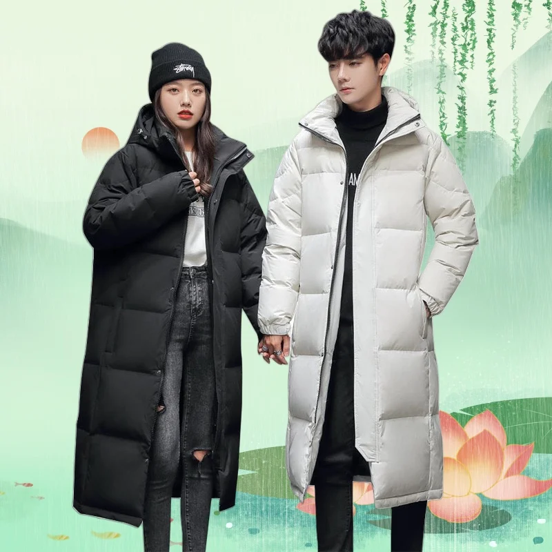 Light Luxury White Duck Down Jacket  Couple Winter Fashion Hooded Long Over-the-Knee Parka Casual Windproof Male Down Jacket