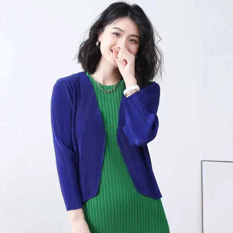 Miyake 2026 Klassieke Nieuwe Tops Dames Casual Eenvoudige Losse Peplum Lange Mouw Vest Tuniek Elegante Comfortabele Stretch Kleding