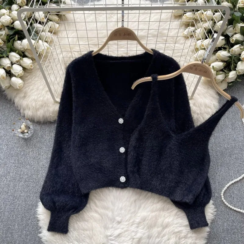 Sexy Chic Two Pieces Sets Off Shoulder Straps Short Camis Vest with  High Street Button Plush Coat Autumn Winter Women Clothing