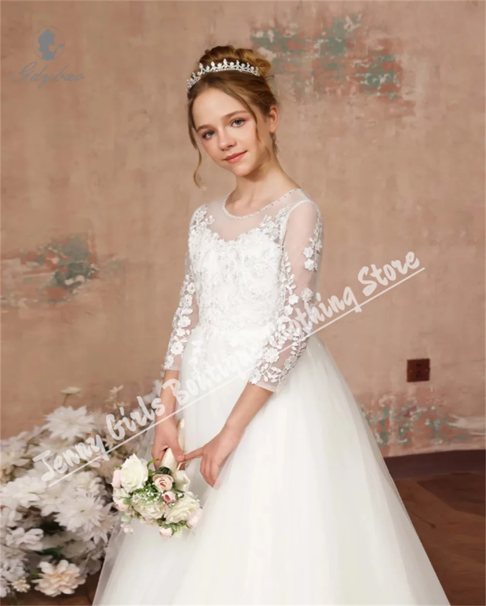 Ivory Floor Length Flower Girl Dresses 3/4 Sleeve Lace Kids Birthday Banquet Performance Party First Communion Dress