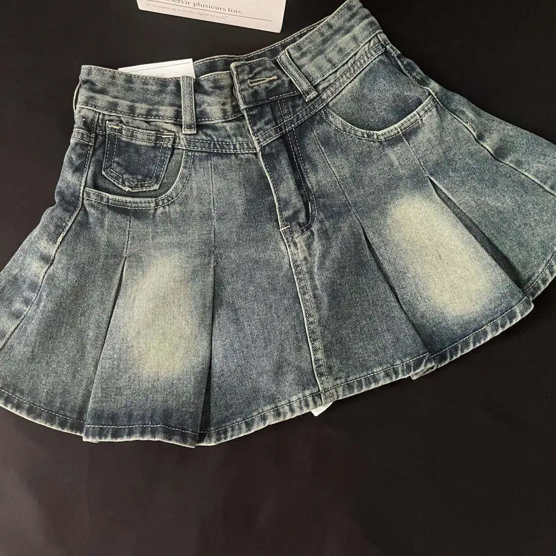 Women Blue Mini Pleated Denim Skirt Vintage Korean Style Y2k Gyaru A-line Jean Skirt Harajuku Cowboy Skirt 2000s Clothes Summer