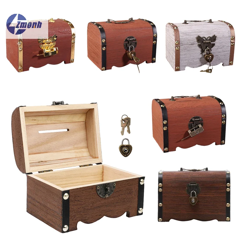 Vintage Treasure Chest With Lock Treasure Storage Box Piggy Bank Organizer Saving Boxes Case w/Lock For Home Retro Decoration