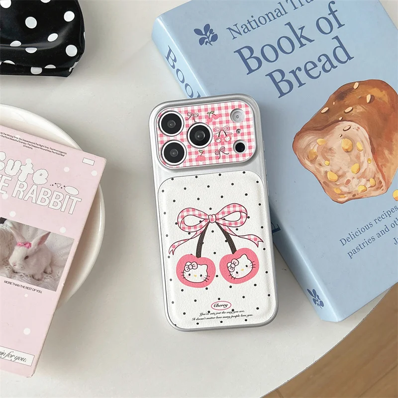 

Cute Pink Plaid Cherry Hello Kitty Phone Case For iPhone 17 16 15 14 Pro Max Kawaii Bow Polka Dot Protective Cover for Girls