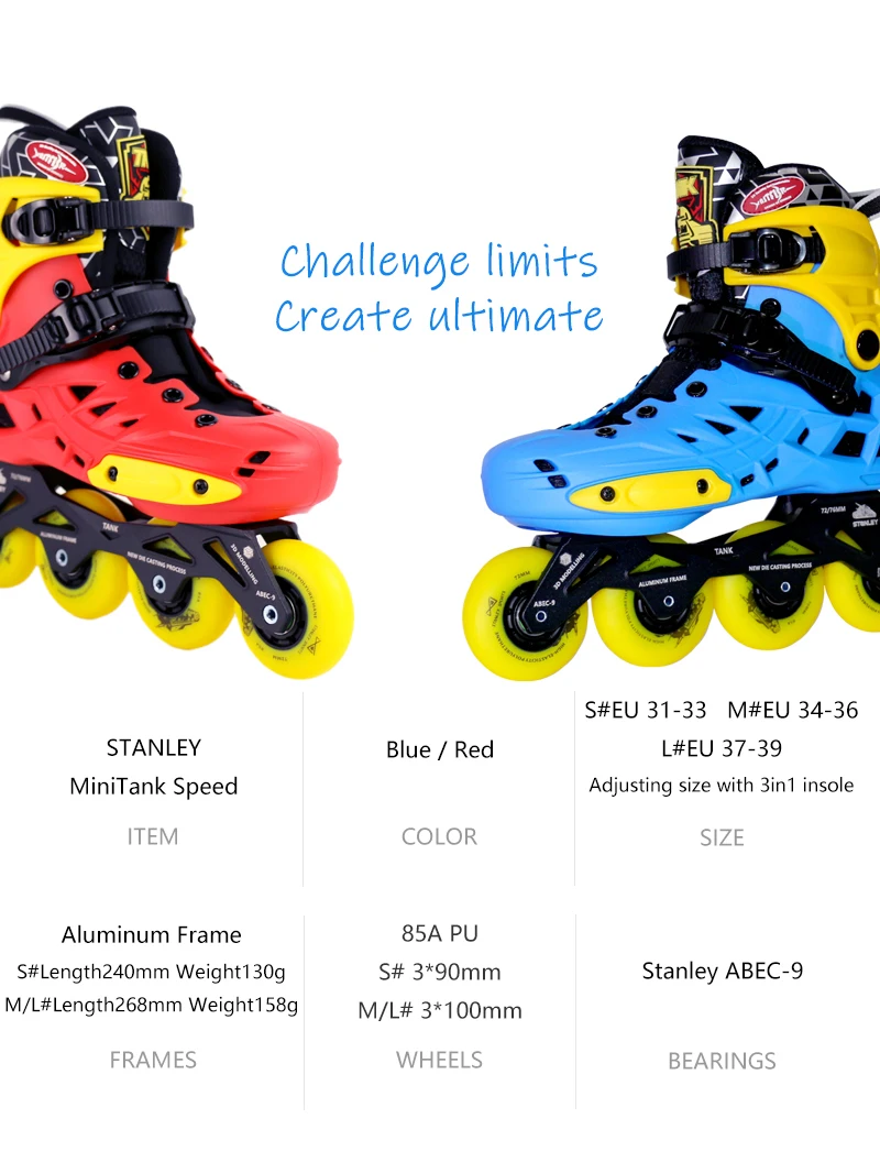 اللياقة البدنية صف واحد زلاجات دوارة للأطفال، عجلات احترافية قابلة للإزالة 3 × 100 مم زلاجات مضمنة، في الهواء الطلق PU Blue STANLEY Boys #4
