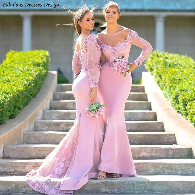 Light Blue Long Sleeve Bridesmaid Dresses Mermaid Appliques 2022 Long Wedding Party Dress Elegant Vestido De Fiesta De Boda Bridesmaid Dresses AliExpress