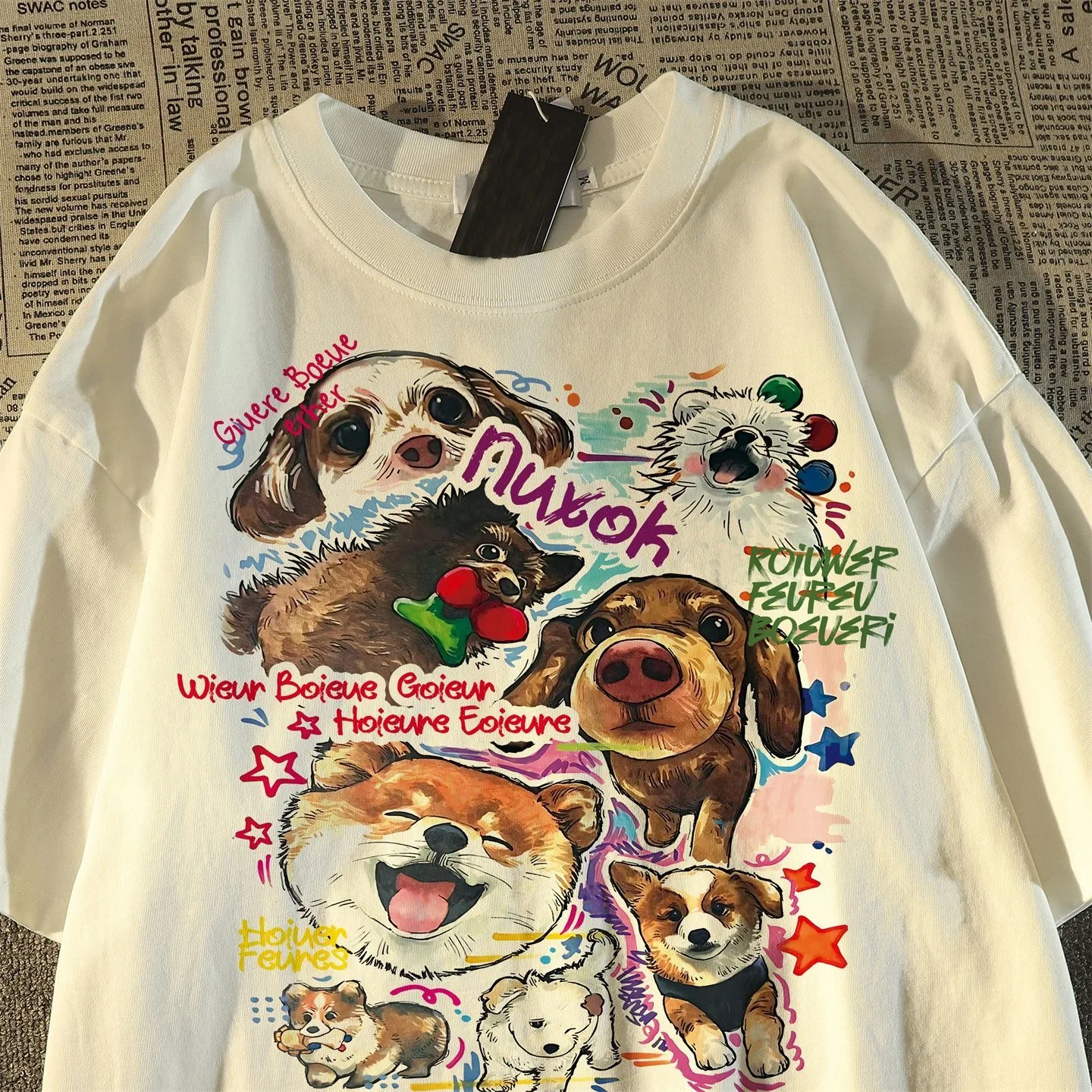 ヴィンテージ犬プリントTシャツ レディース 綿100% 夏 Y2K Tシャツ 和風 バーガンディ 半袖トップス オーバーサイズTシャツ