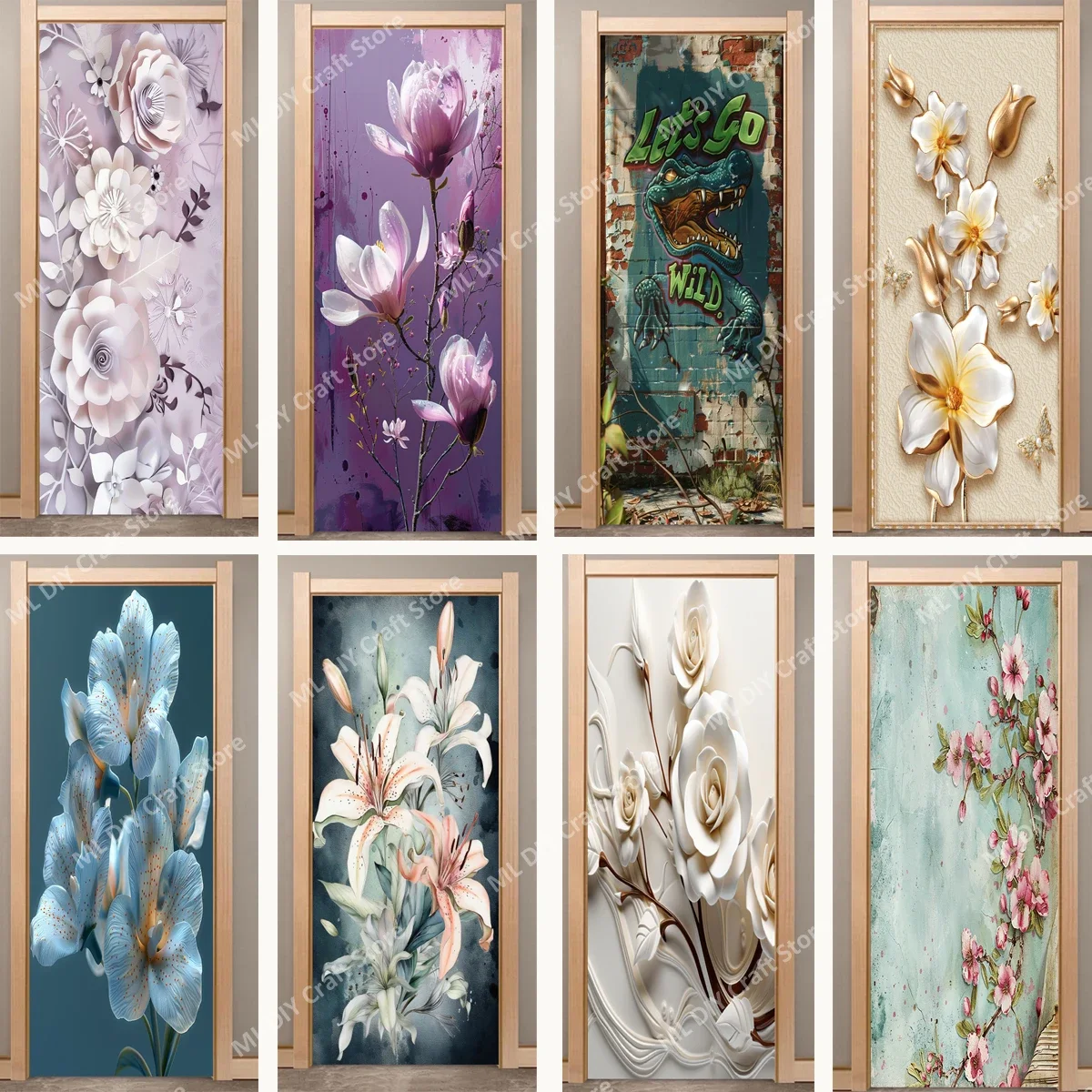 

3D Door Stickers Retro Purple Romantic Flowers Wall Art Mural Wallpaper Adhesive Full Door Wrap Cover for Room Home Decoration