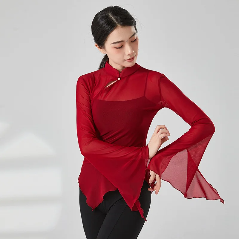 Abiti da pratica per rima del corpo di danza classica in stile cinese, abbigliamento da donna elegante per prestazioni, colletto cheongsam, vestiti in rete