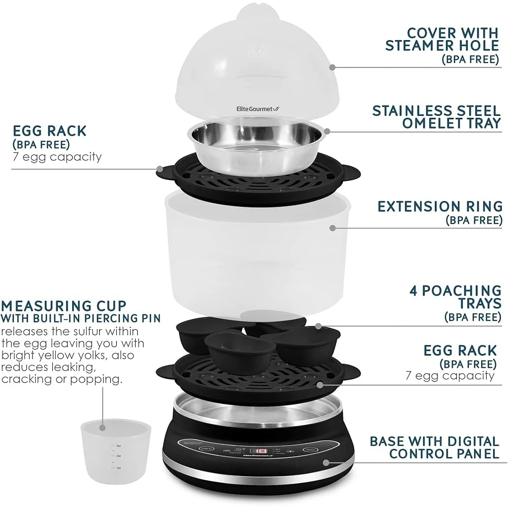 طباخ البيض الرقمي بسعة 14 بيضة، صانع عجة الصياد بالبخار من طبقتين مع شاشة LED للتحكم باللمس، 6 وظائف محددة مسبقًا
