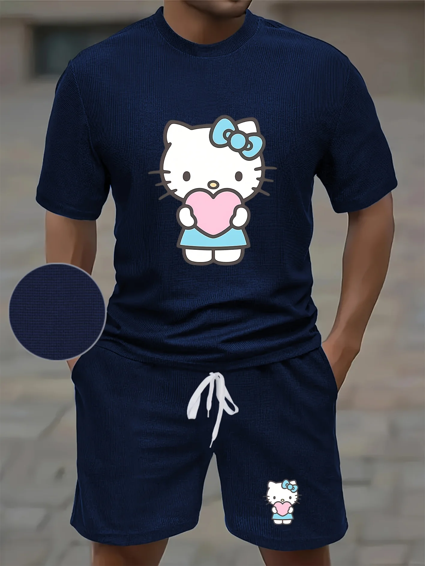 

Sanrio Cartoon Hello Kitty Print Men's Casual Sportswear Set T-Shirt and Sports Shorts Combo Perfect for All Seasons Outings Set