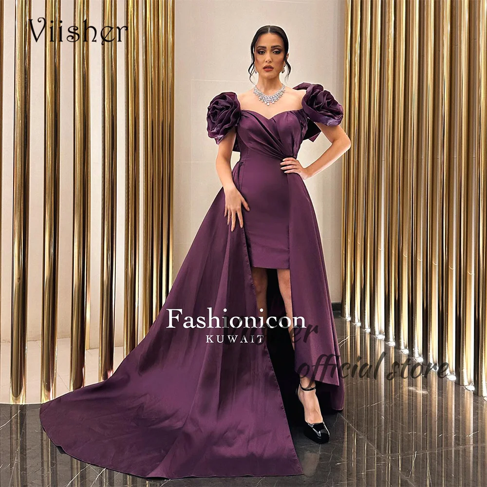 

Viisher Purple Satin Evening Dresses Pleats Flower Off Shoulder Prom Party Dress with Train Arabic Dubai Evening Party Gowns