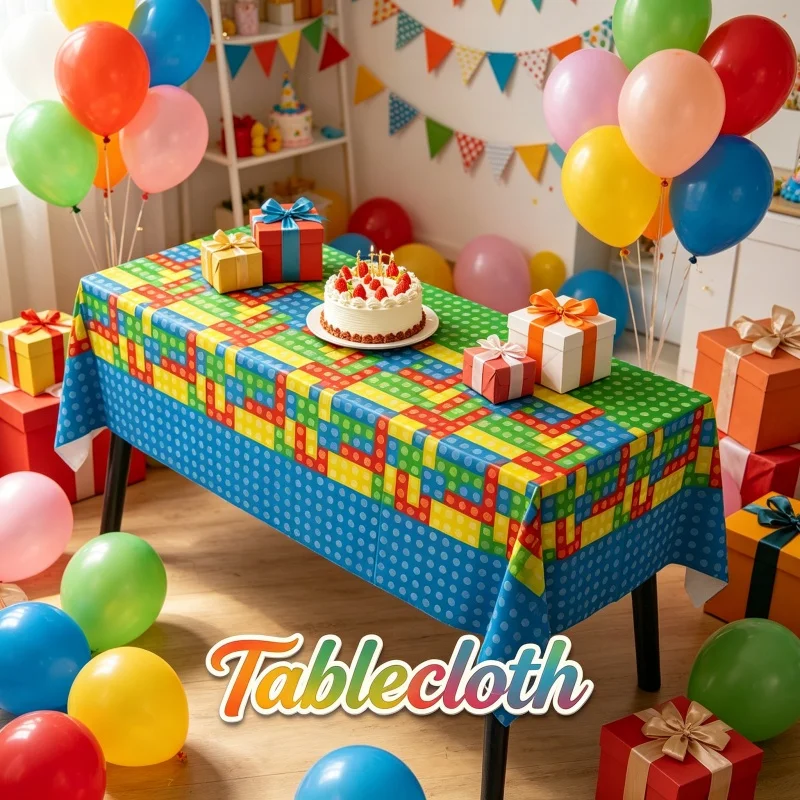 Building Block Brick Style Tablecloth Stylish Cartoon Figures Birthday Party Gamer Decor Disposable Table Cover Gift Supply Kit