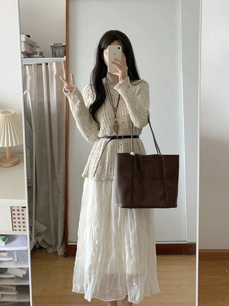 

Ранняя осень в корейском стиле, повседневный ленивый стиль, новый свитер, топ, сетчатая полуюбка, комплект из двух предметов, наряд для чайной системы, весь комплект E12065