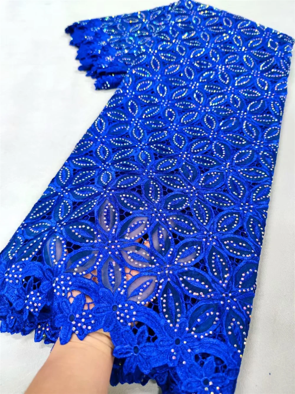 Royal Blue Chiffon Fabric 5 Yards African Organza Cord Lace Fabric with Stones Embroidery Bridal Lace Fabrics Nigerian Laceq11-1