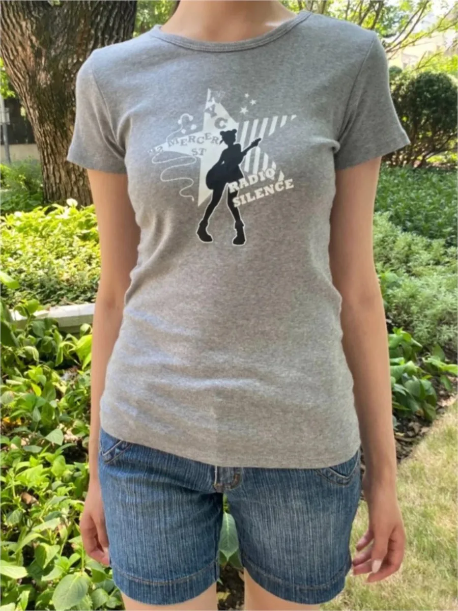 

Vintage Guitarist Print T-shirt Women Summer Round Neck Cotton Short Sleeve Tshirt Female Sweet Preppy Style Tee Shirts New Girl