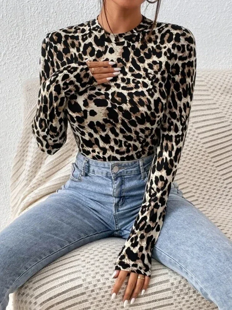 Sexy Tight Women\'s Bodysuits Women\'s Small Stand Collar Long Sleeve Fashion Leopard Print Tight Girly Style Bodysuit Top