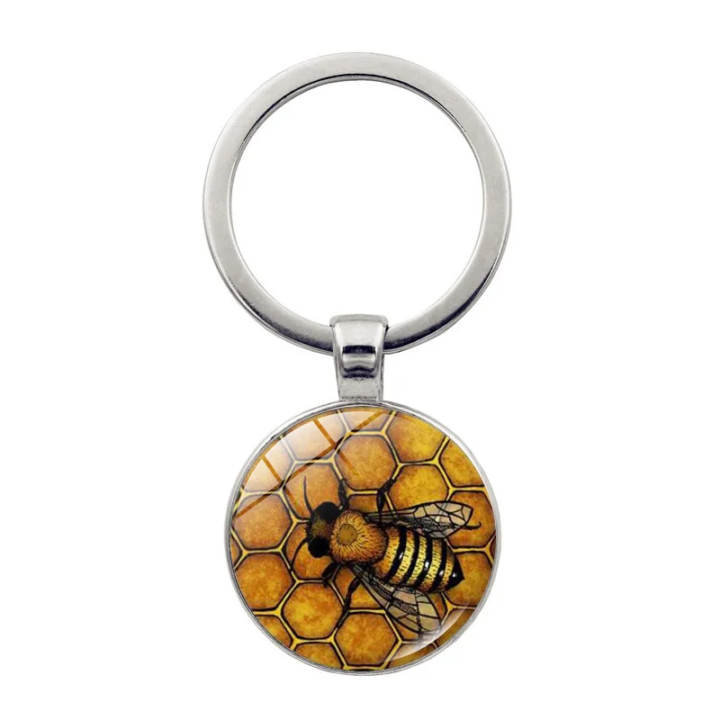 Cute Insect Yellow Queen Bee Keychain Geometric Honeycomb Honey Jewelry Entomology Glass  Pendant Keyring For Friends Gifts