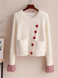 Personalized Color Blocking Spliced Knitted Sweater 2025 New Spring Women's Chic Diagonal Buckle Elegant Cardigan Commuting Coat