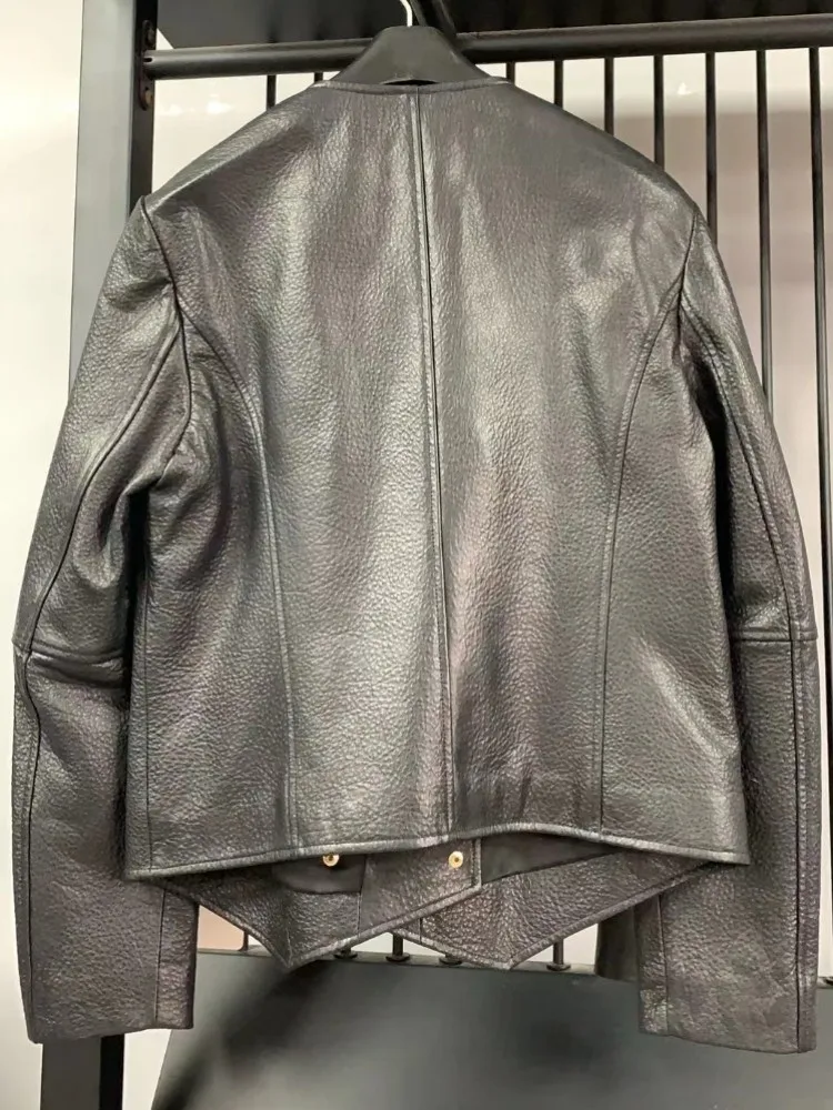 Büro Weibliche Zipper Tasche Echtes Leder Kurze Jacke Zweireiher V-ausschnitt Einfarbig Lange Ärmel Schaffell Mäntel