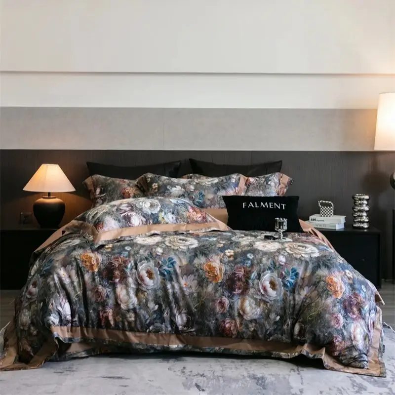Oil Painting Style Blooming Flower Pattern Bedding Set 1000TC Egyptian Cotton Duvet Cover Flat/Fitted Bed Sheet Pillowcases 4Pcs