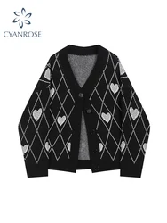 Gothic Style Fashion Oversized Black Cardigan For Women Sweater Long Sleeve V-neck Harajuku Loose Vintage Knitwear Tops Coat