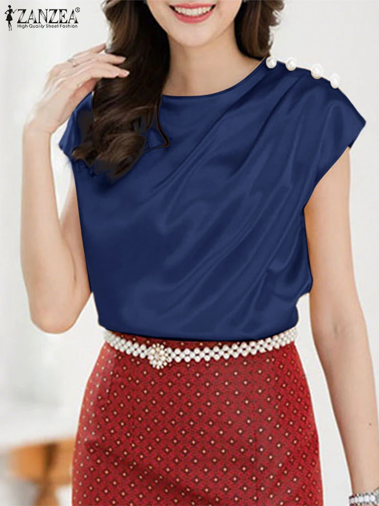 ZANZEA Elegant Woman Satin Blouses Summer Fashion Round Neck Cap Sleeves Pleated Pearls Detail Blusas Mujer Streetwear Chemises