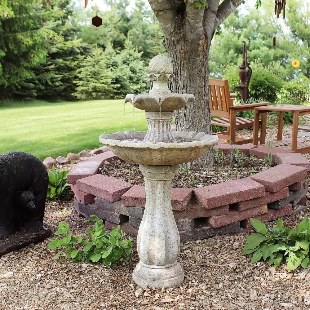 

46-inch 2-layer Solar Fountain with Battery Backup - Submersible Pump - Beautiful, Durable, Earth-finish Large Outdoor Fountain