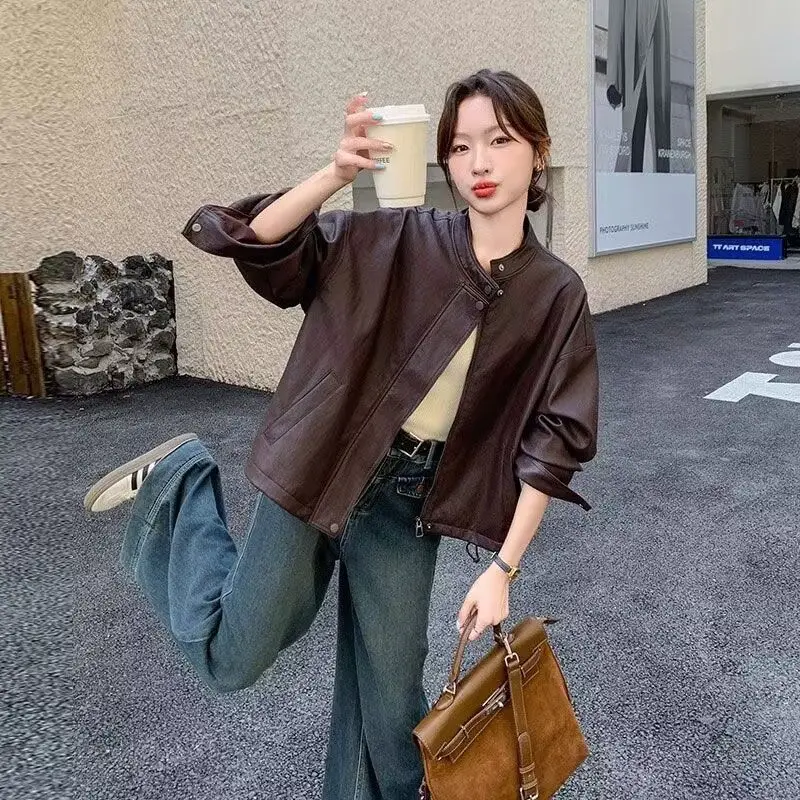 

Waterproof Jackets Woman Women'S Clothing Leather Pu Black Turn-Down Collar Front Pocket Button Pure Simple Basic Style Fashion