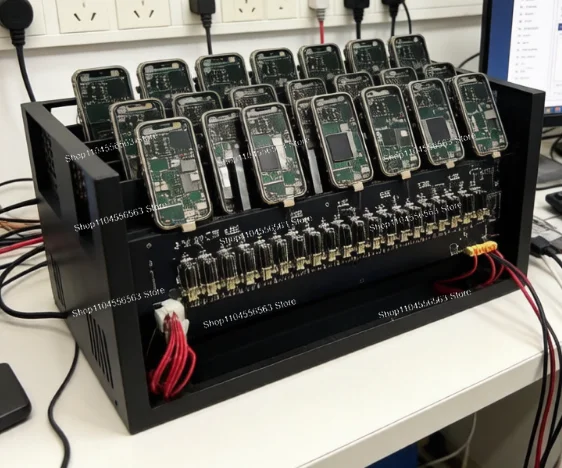 USB OTG Hub Phone Farm Box with Dual Switch, Supports 20 Smartphone Motherboards, Open Air Mining Case for App Automation