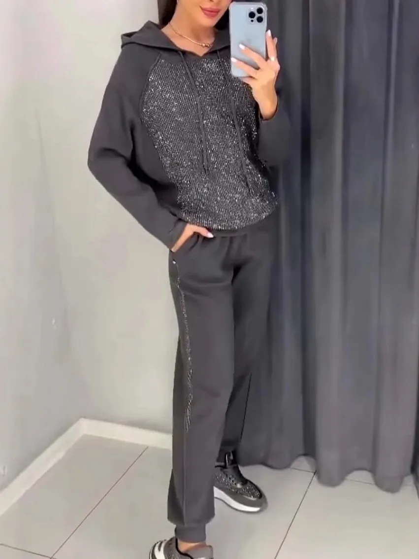 

Весенне-осенний женский комплект одежды: толстовка и брюки с капюшоном, спортивный костюм для женщин, полиэстер, длинный рукав, повседневный комплект