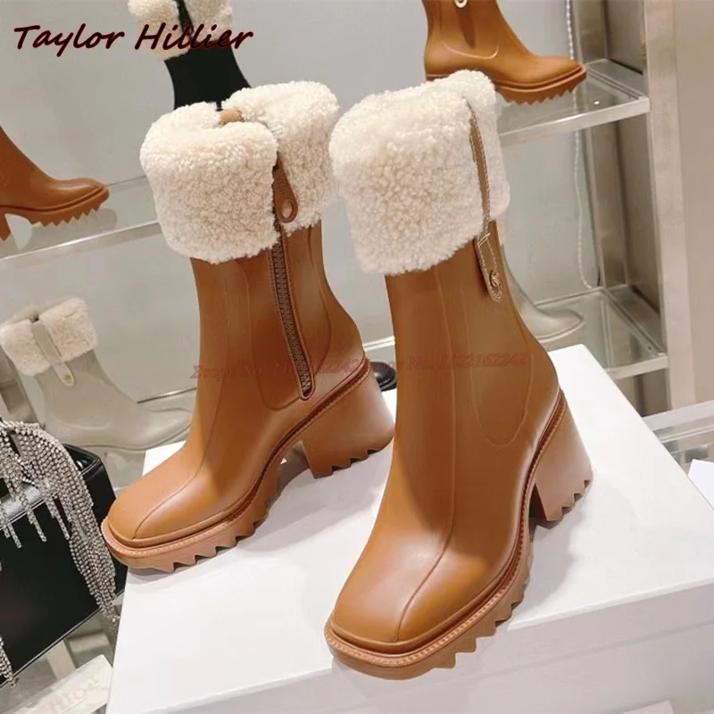 Winter Lamb Wool Rain Boots Square Toe Thick Heel Side Zipper Genuine Leather Short Boots Elegant Knight Boots Female Gladiator