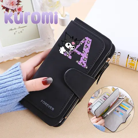 Sanrio Kuromi-cartera larga con estampado de letras A-Z para mujer, monedero, tarjetero, billeteras minimalistas con hebilla Y2K