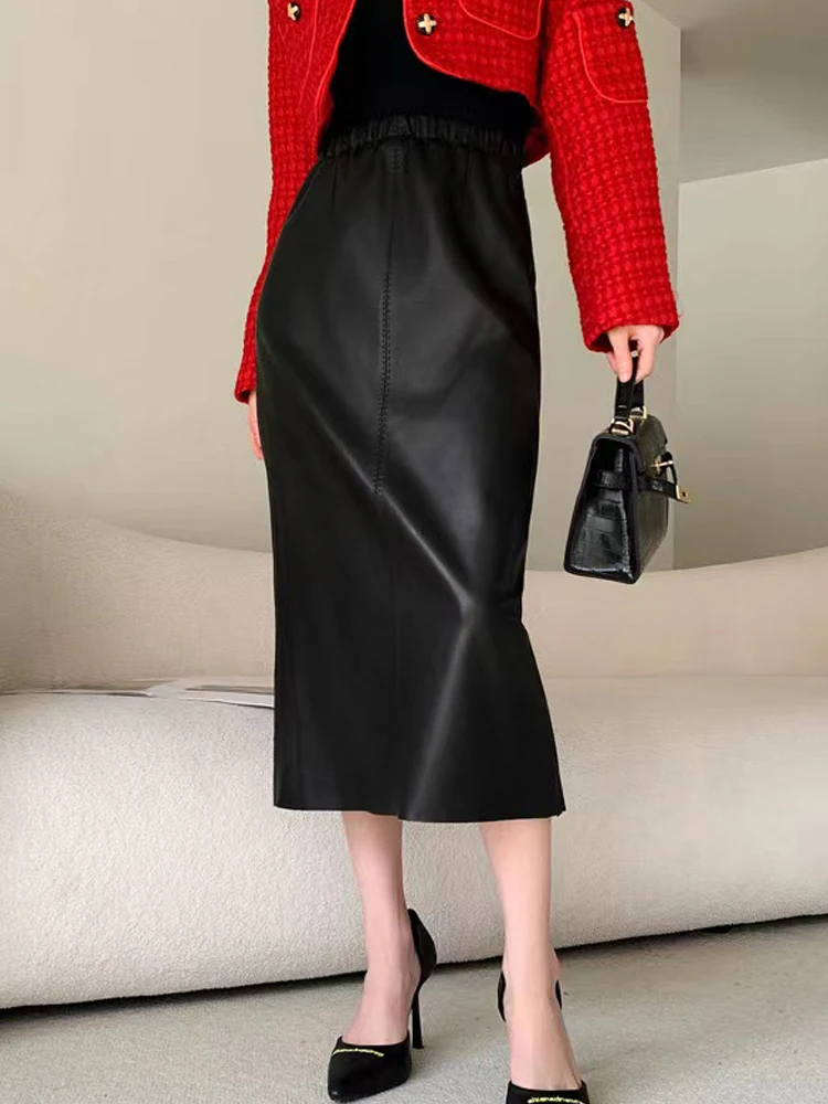 Purple Lambskin Pencil Skirt for Women Korean Streetwear Back Slit Slim Fit Calf Long Faldas Mujer Show Thin Straight Wrap Jupe