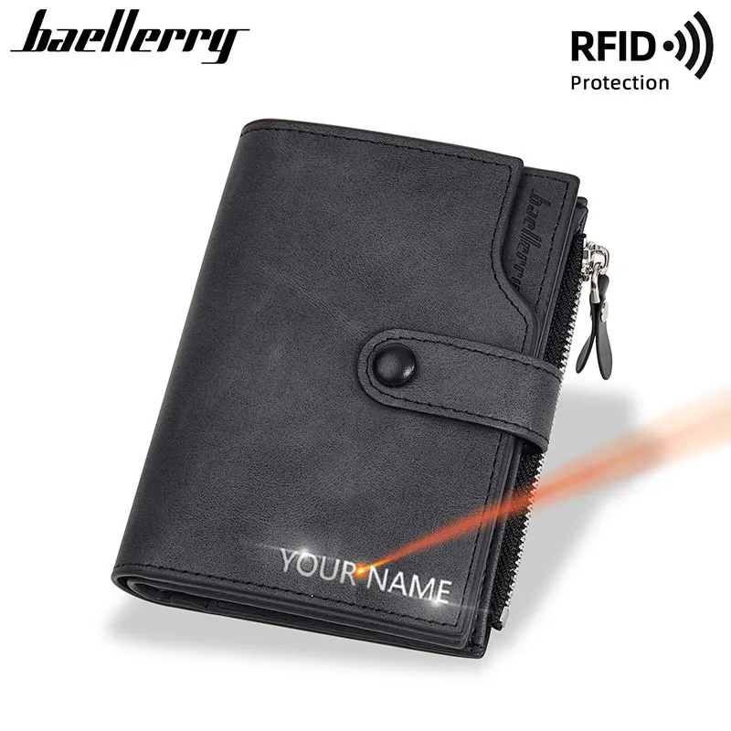 New RFID Men Zipper Wallets Name Engraving Simple Coin Pocket Male Purse Money Clips High Quality Brand Card Holder Men's Wallet