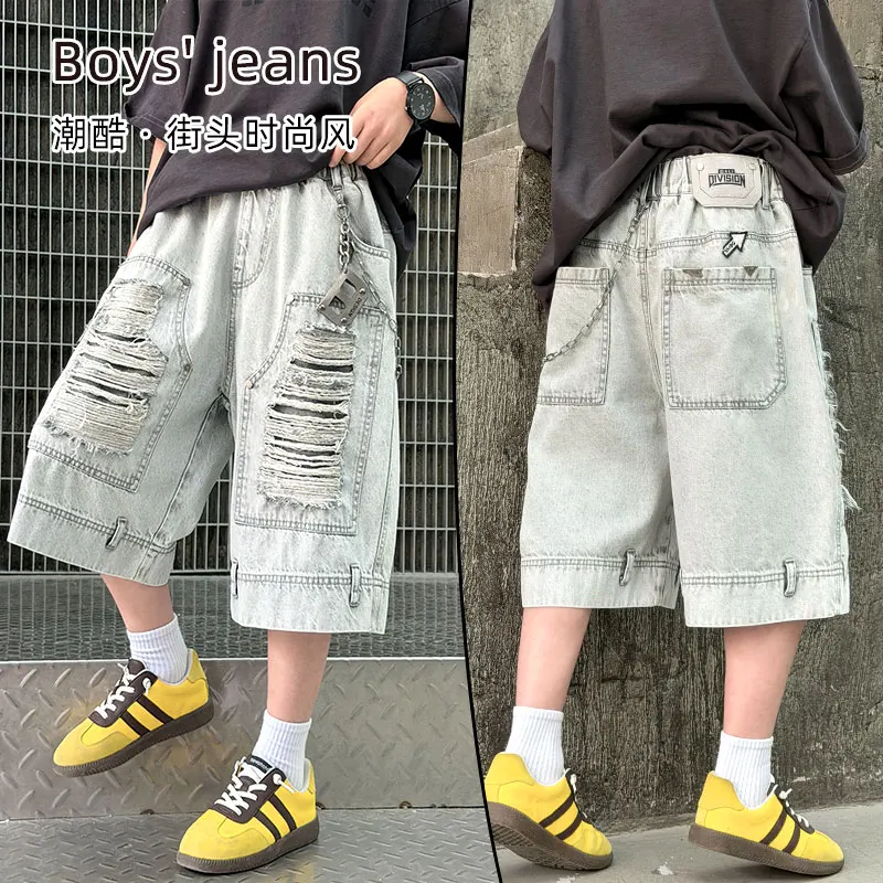 

Teenage Boys Ripped Hole Denim Shorts Kids Streetwear Hip Hop Knee Length Pants Harajuku Vintage Baggy Casual Wide-leg Shorts