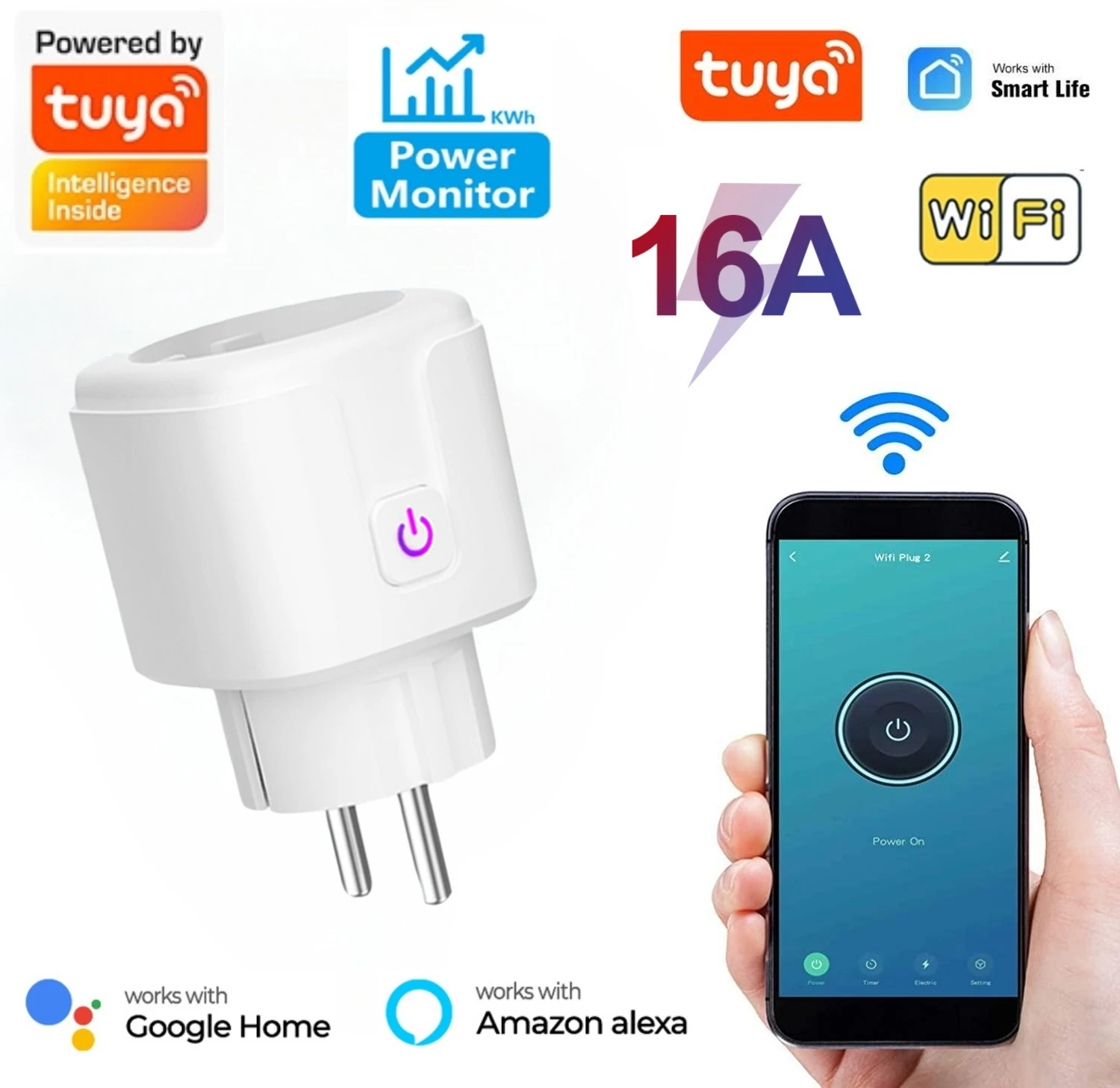 Prise de courant intelligente WiFi avec moniteur d'énergie électrique, prise multiple UE, Tuya Andrea nous-mêmes contrôlé avec Alexa et Google Assistant, 16A