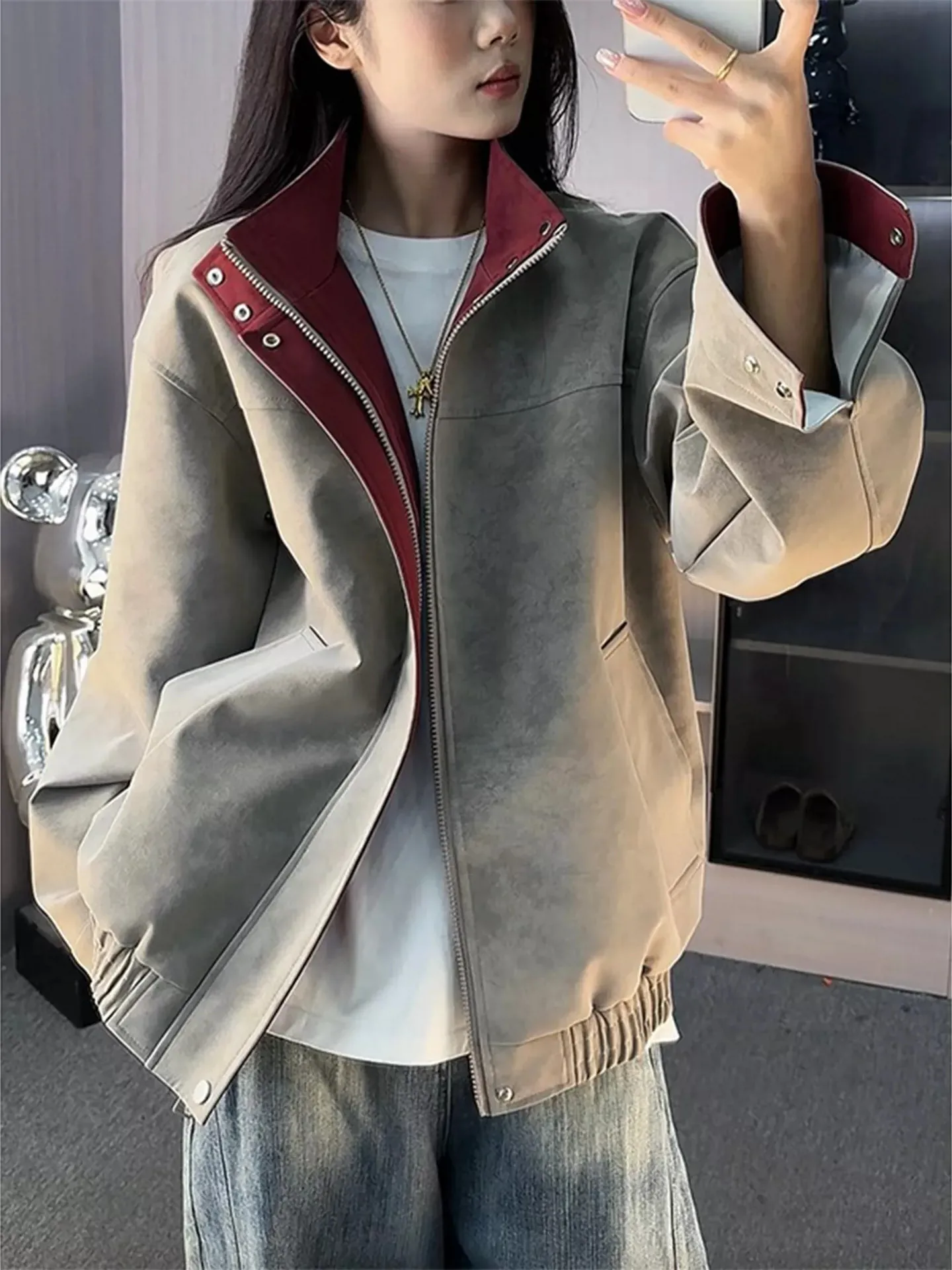 Retro American Dyed Leather Jacket Men's Short Baseball Style Stand Collar Contrast Color Design Casual Outerwear Coat