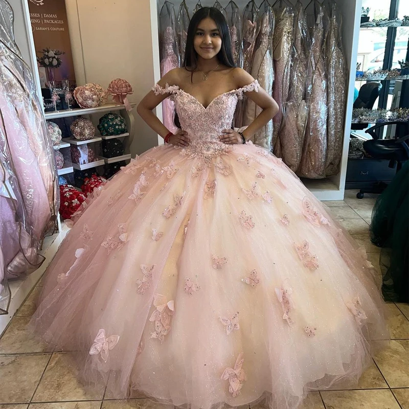 ANGELSBRIDEP Baby Pink Quinceanera Dress Ball Gown With Crystal 3D Butterfly Lace Beading Long Sweet 15 Vestidos De XV Años