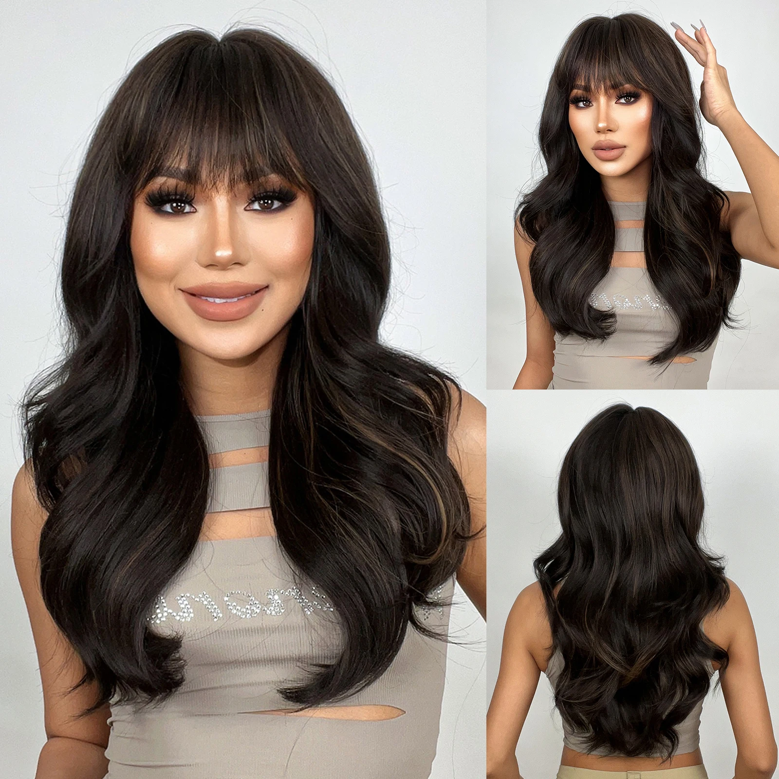 

HENRY MARGU Synthetic Natural Long Black with Brown Highlight Wavy Wigs for Women with Bangs Cosplay Party Heat Resistant Fiber