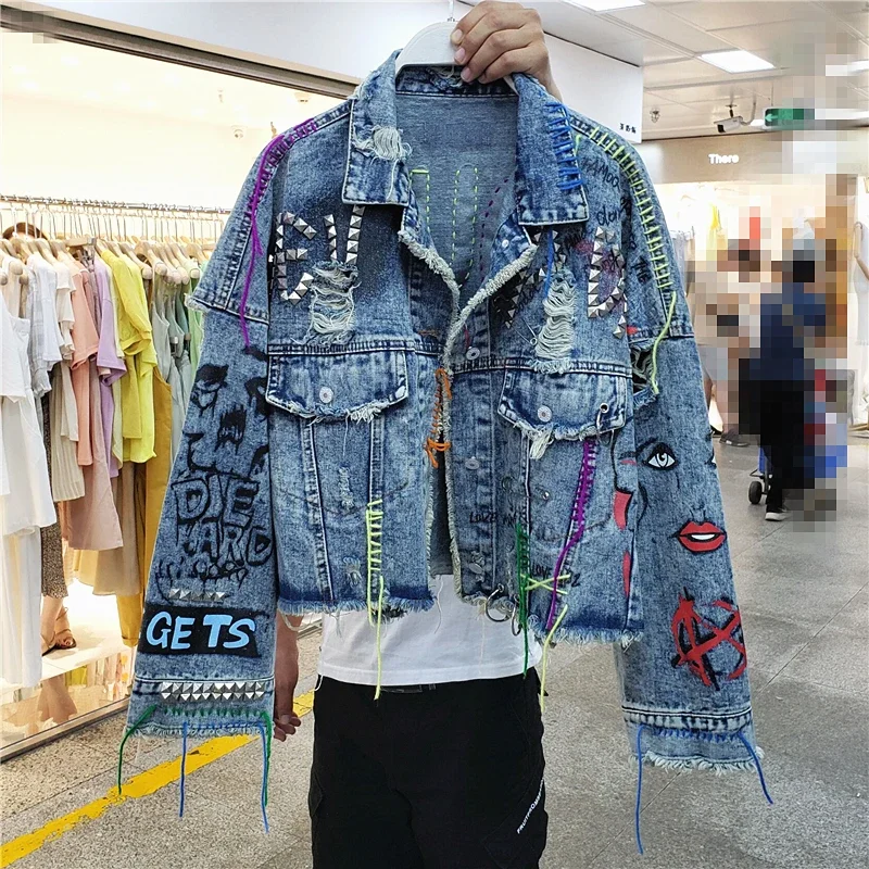 

Fashion Rivet Graffiti Holes Denim Jacket Coat Autumn Women Outerwear Streetwear Loose Short Jeans Jacket Female Chaquetas Mujer