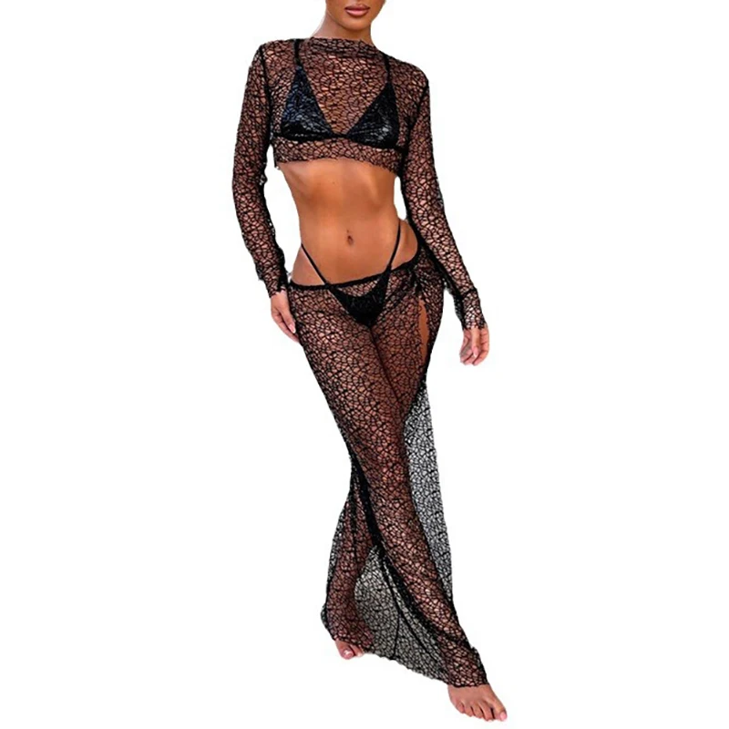 Hollow Out See Through Mesh 2 Piece Set Women Summer Holiday Beach Outfits Suit Long Sleeve Crop Top + High Split Long Skirt