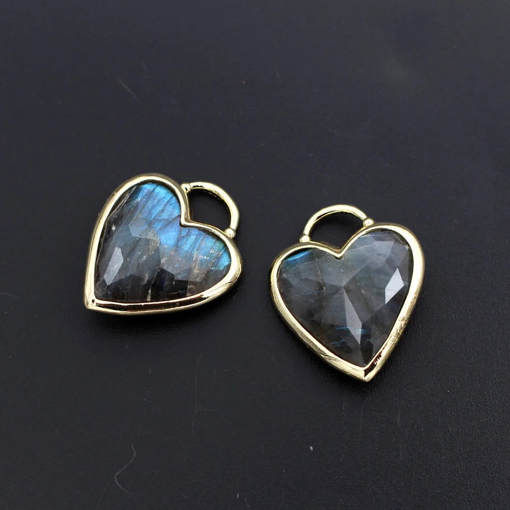 6pcs Gold Plated Natural Stone Charms Rose Quartz Labradorite Stone Heart Healing Point Pendants