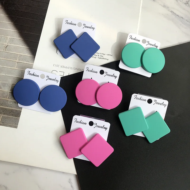 S925 Silver Color Square Earrings Frosted Paint Geometric Exaggeration Candy Color INS Korea Solid Color Acrylic Ring