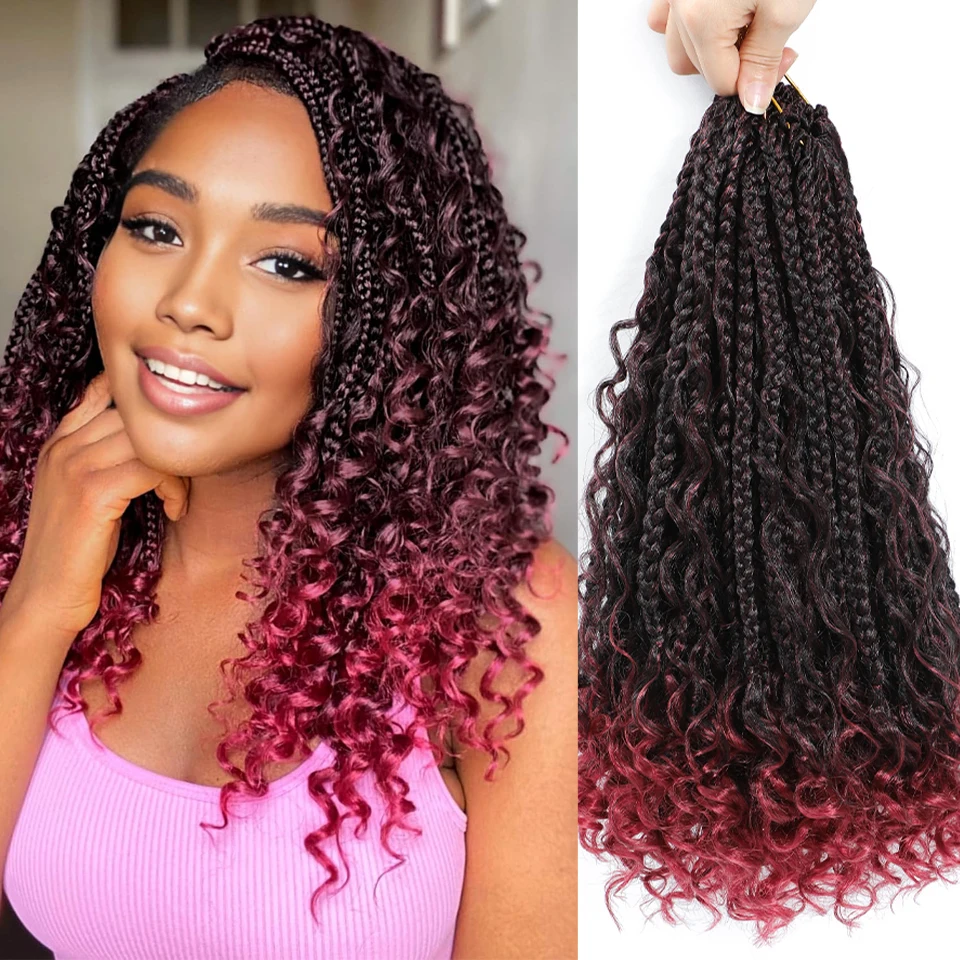 14 Inch Bohemian Synthetic Goddess Box Braids Crochet Hair With Curly Ends 1B T 27 30 Burgundy 4 Colors Braids Hair Extensions