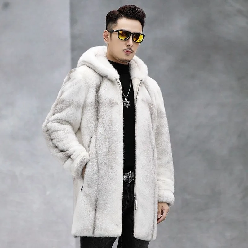 

Cold Resistant and Warm High-quality Mink Fur Men's Fur Coat with Thick Hood and Medium Long Length Coat for Winter